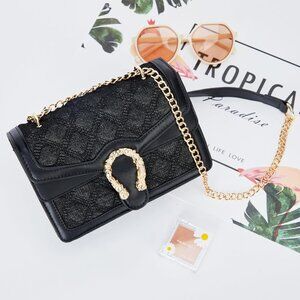 ⚡ Women's Black Gold Leather Vintage Snake Print Crossbody Square Satchel Bag